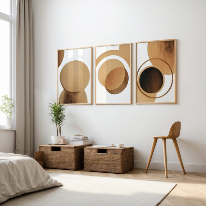 Minimalist bedroom with abstract circular wall art, natural baskets, and wooden chair.