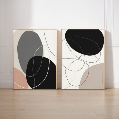 Minimalist abstract diptych with curved shapes in black, white, gray and peach tones.
