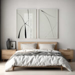 Minimalist bedroom with wooden bed frame and abstract line art above headboard.