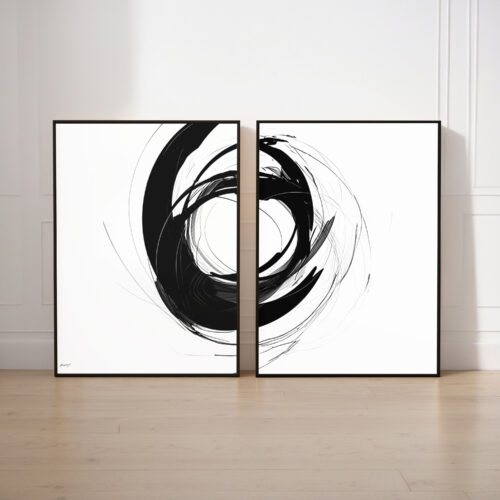 Black Enso circle brushstroke spanning across two framed panels - minimalist Zen art