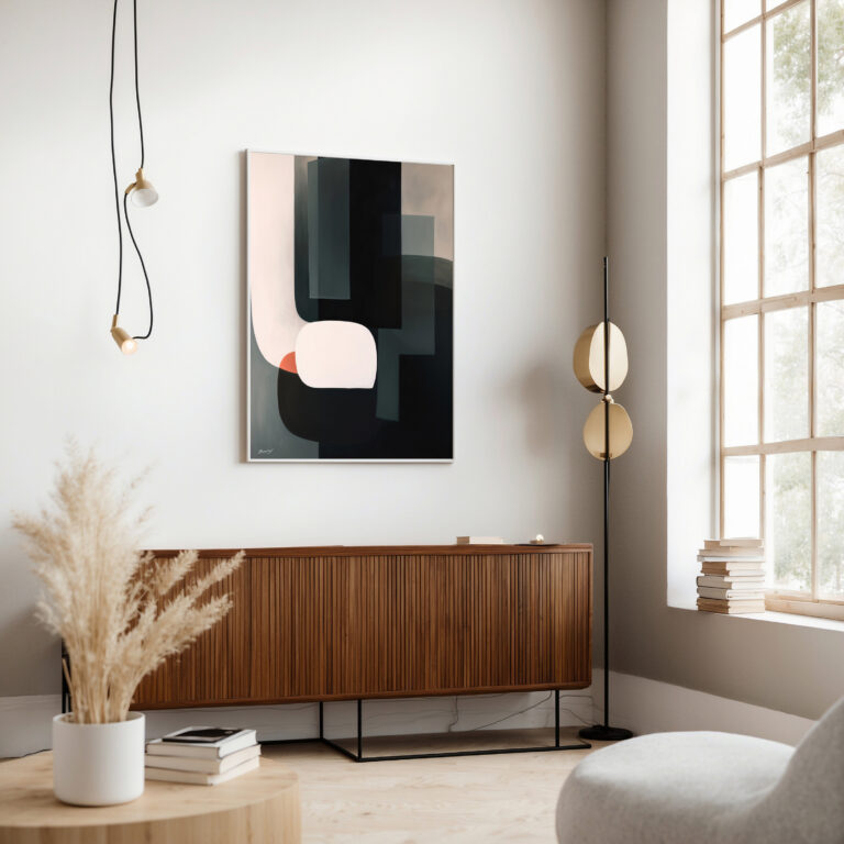 Geometric abstract painting above wooden credenza in bright minimalist living room.