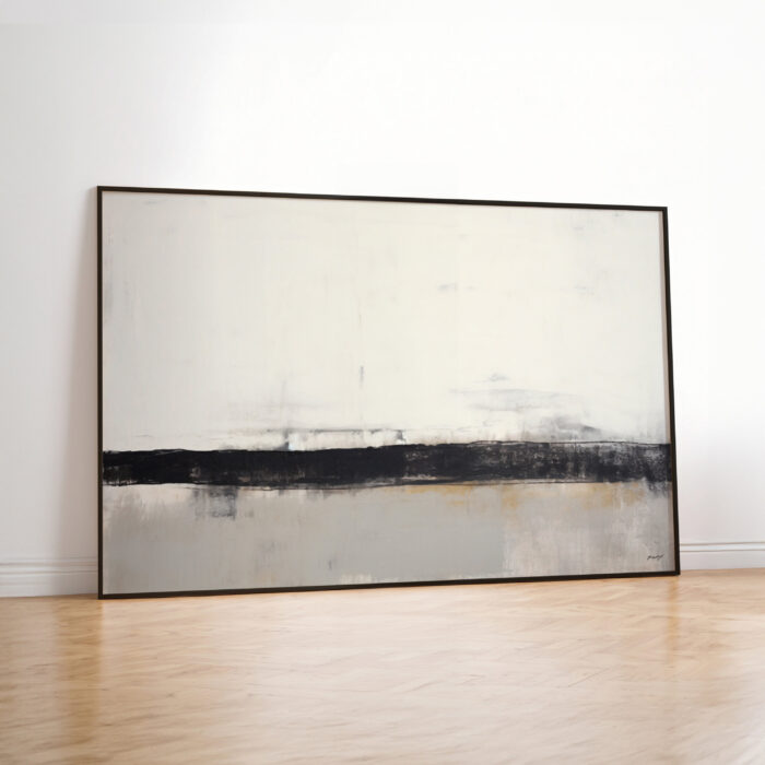 Minimalist abstract horizon painting with black stroke on cream canvas against white wall