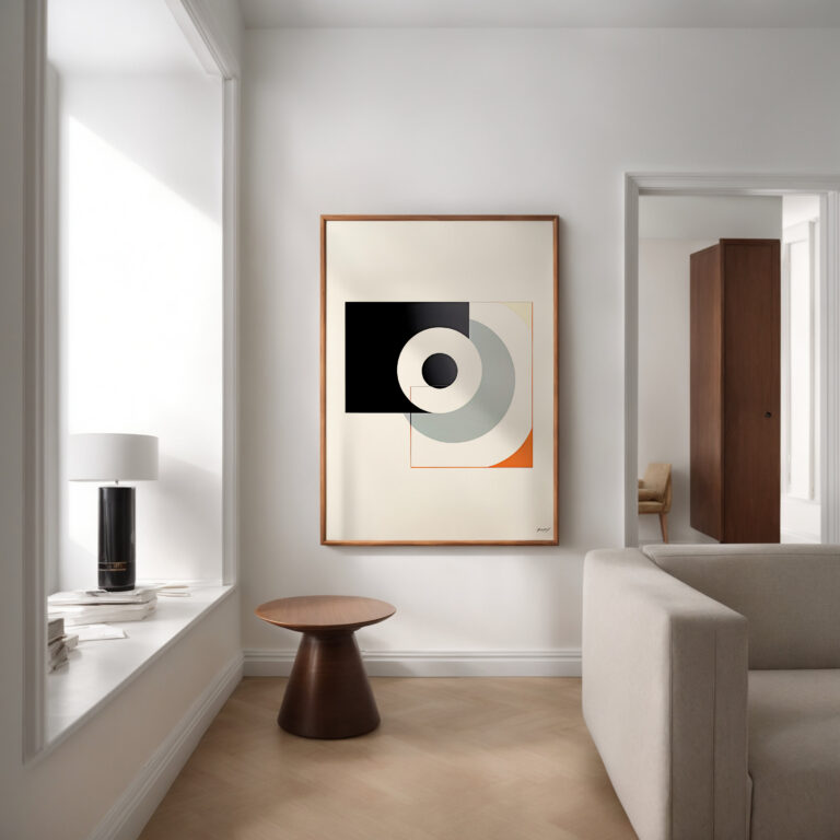 Minimalist interior featuring geometric wall art with black, beige, and orange circular design.
