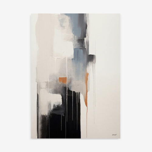 Abstract painting with soft beige background, black accents, and warm amber details.