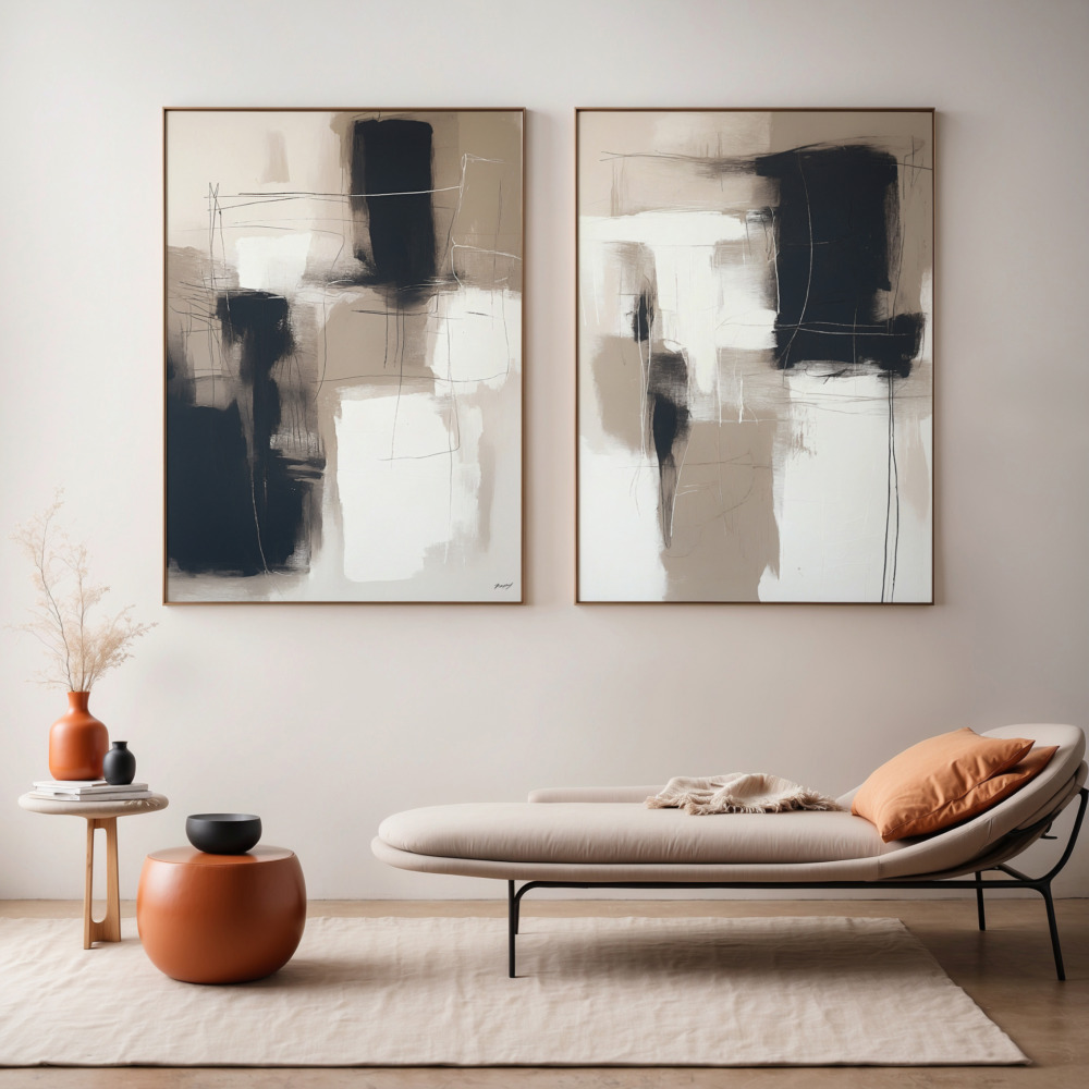 Two minimalist abstract paintings in earth tones hanging above a sleek chaise lounge.