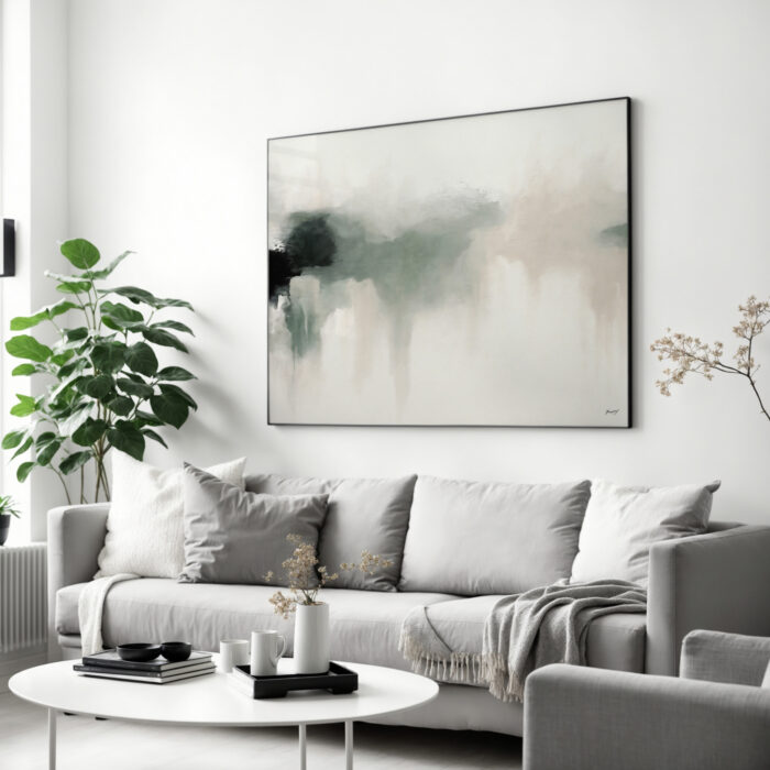 Abstract art above gray sofa in modern minimalist living room with houseplant.