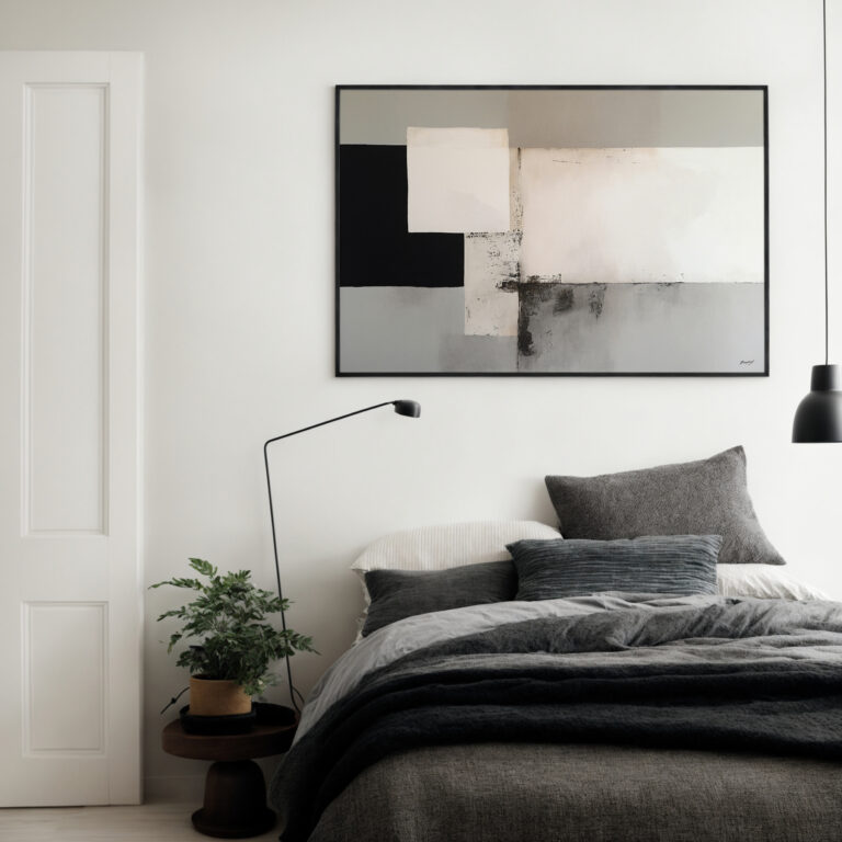 Abstract black and grey artwork above bed in minimalist modern bedroom.