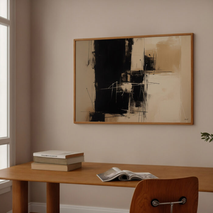 Black and white abstract art above wooden desk in minimalist room with natural light.