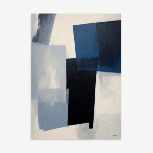 Abstract geometric composition with overlapping navy, blue, black, and white forms.