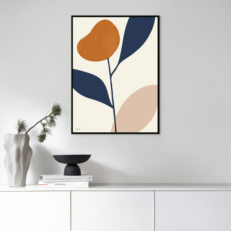 Abstract botanical artwork with organic shapes in navy and terracotta above minimalist cabinet