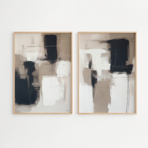 Abstract black and white wall art diptych in minimalist wooden frames