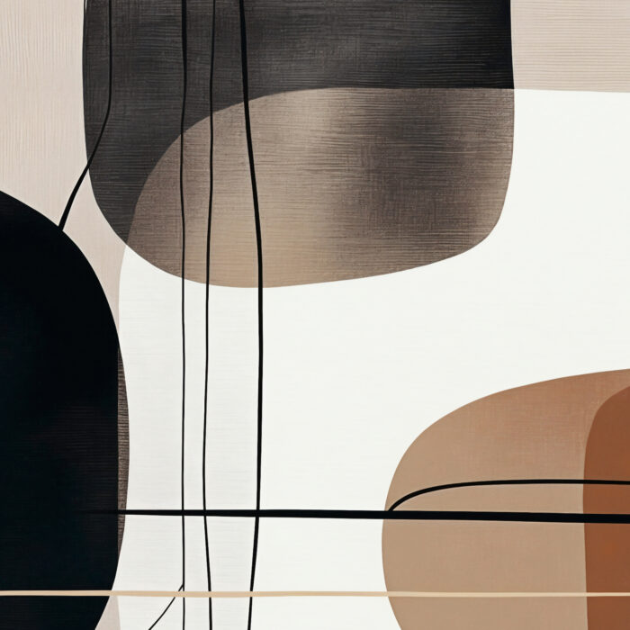 Abstract composition featuring organic shapes in muted earth tones with delicate black lines.
