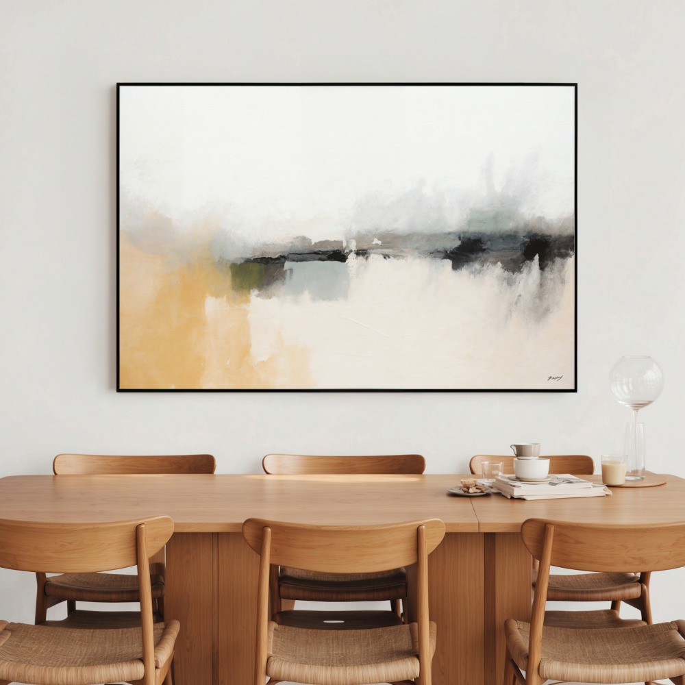 Abstract earth tone painting above wooden dining table with mid-century chairs
