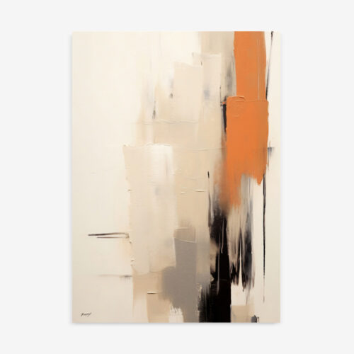 Abstract painting with cream background featuring orange band and black gestural brushstrokes