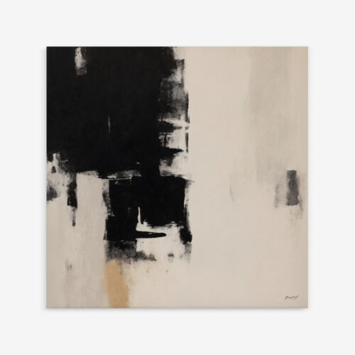 Abstract black and cream composition with gestural brushwork creating dramatic contrast and depth.
