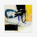 Vibrant abstract painting with bold yellow, black and teal geometric forms and expressive brushstrokes.