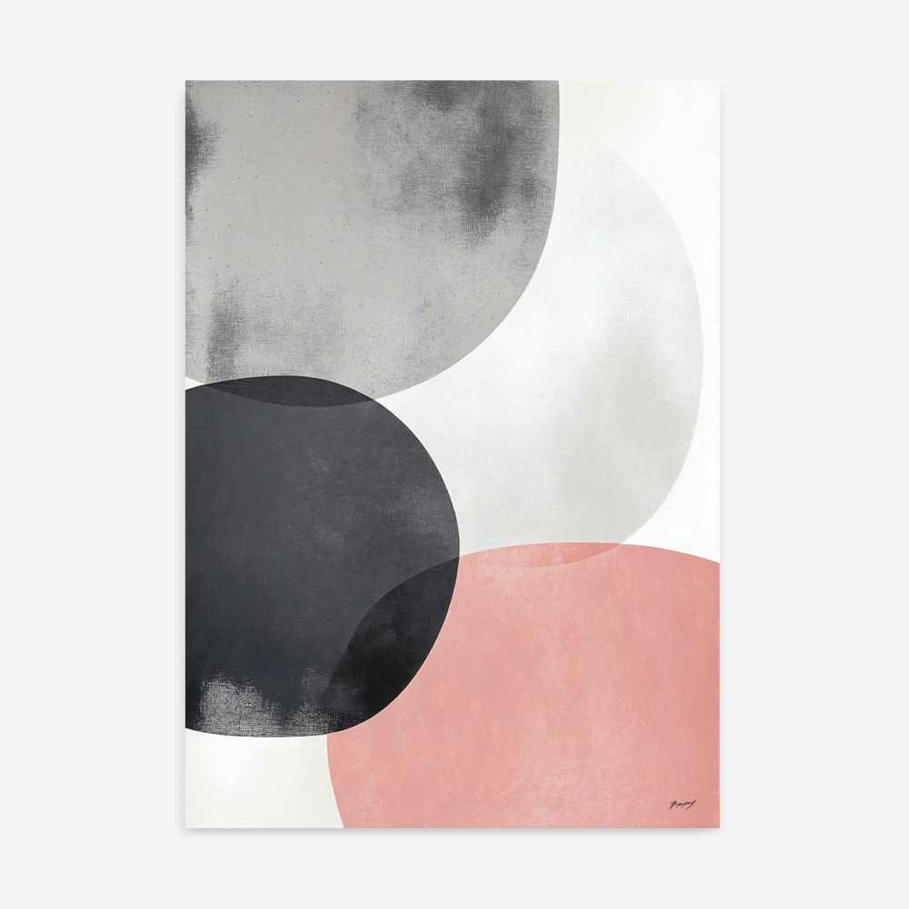 Abstract geometric composition with overlapping black, pink and gray circles on white background.