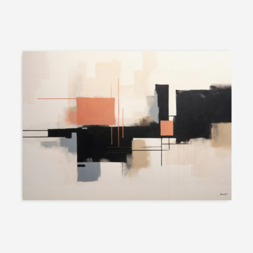 Abstract geometric composition with coral accent against neutral black and white forms.