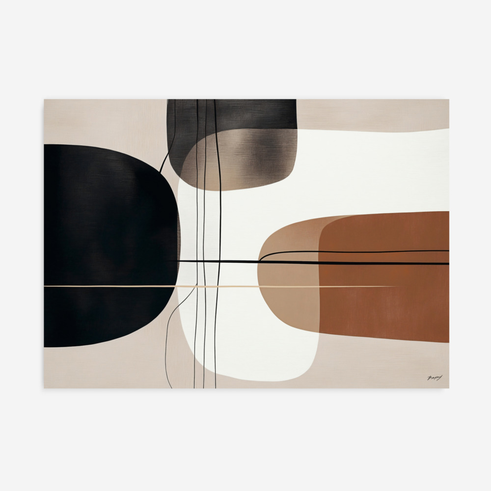 Abstract geometric composition featuring black semicircle and terracotta shapes on beige background.