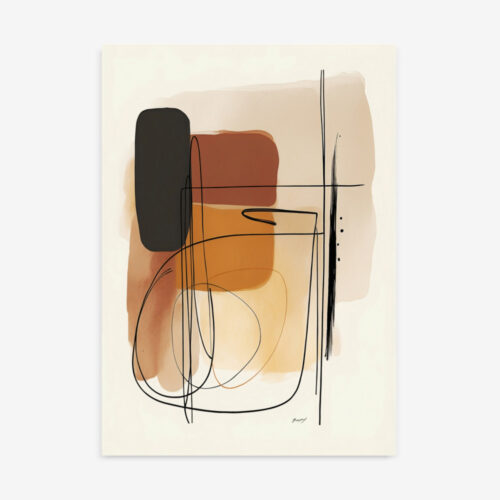 Abstract geometric composition with rust, amber and black lines on cream background.
