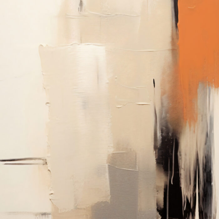 Abstract painting with ivory background, bold orange accent, and dramatic black brushstrokes.