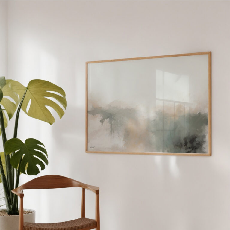 Abstract landscape canvas in gray and beige tones with monstera plant beside modern chair.