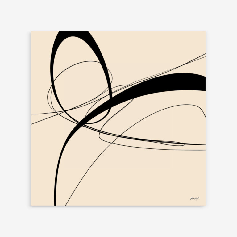 Dynamic black brushstrokes flow gracefully across a soft beige canvas creating abstract movement.