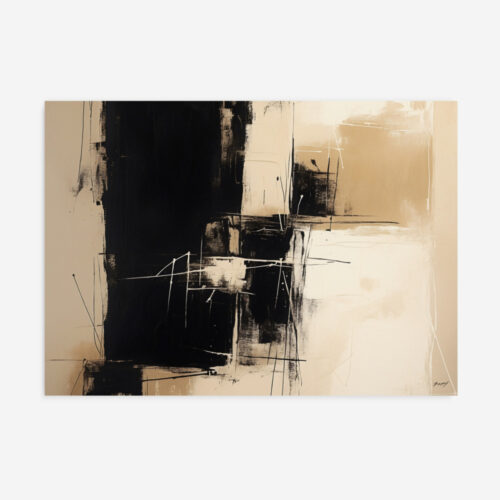 Black and beige abstract modern art with bold contrasting forms and linear elements.