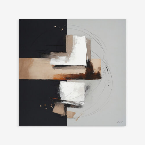 Abstract geometric composition in black and beige with minimalist shapes and subtle red accents.