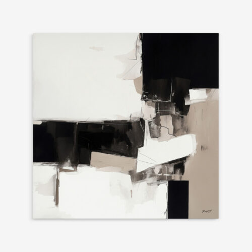 Abstract geometric composition with black and neutral blocks creating elegant spatial balance.