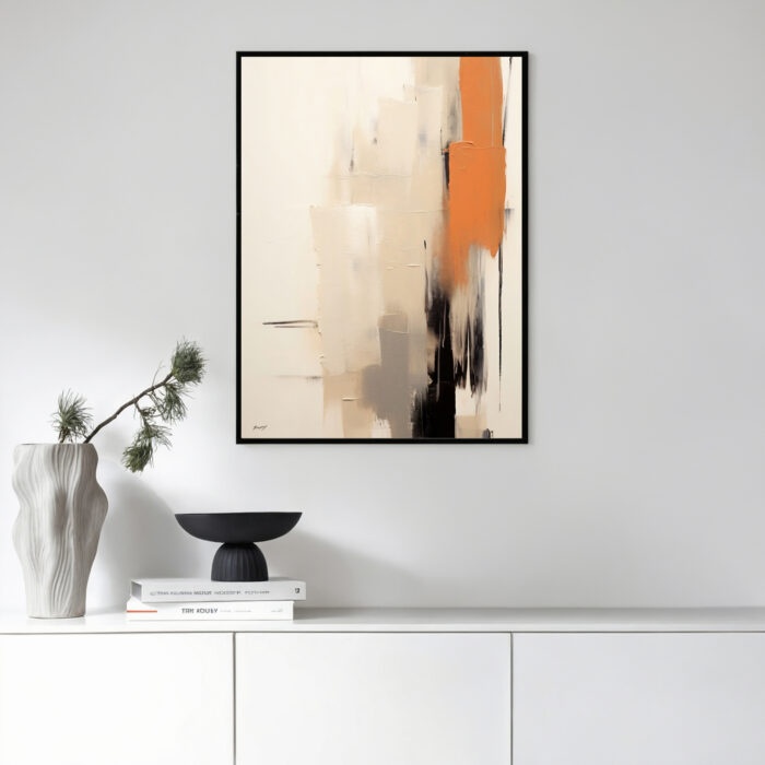 Abstract orange and black brushstrokes on beige canvas over white cabinet with decorative elements.