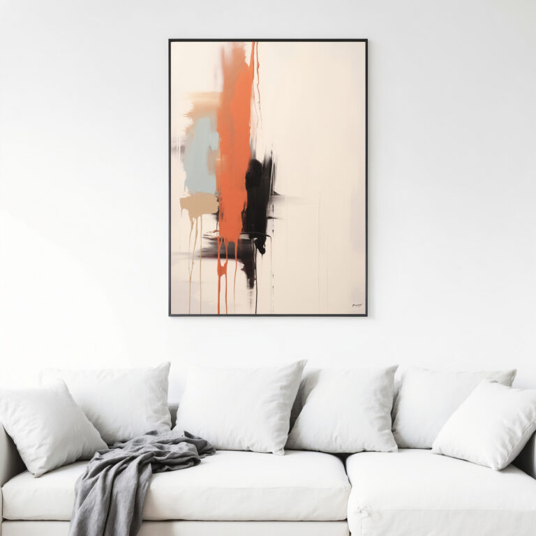 Abstract orange and black brushstroke painting above white sofa in minimalist living room.
