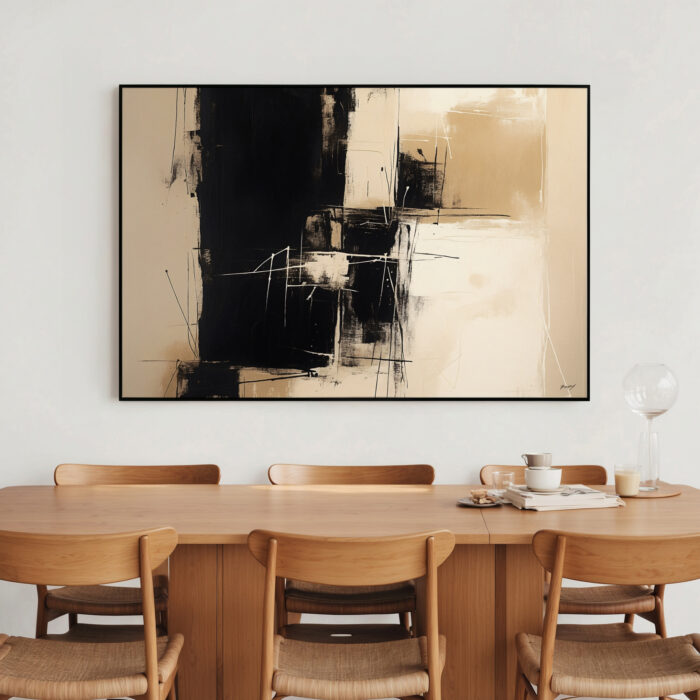 Abstract black and white artwork displayed above wooden dining table with mid-century chairs.