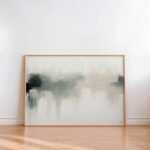 Abstract landscape painting with muted tones and forest green accents in wooden frame.