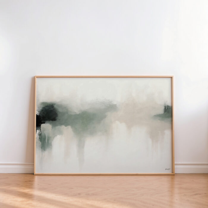 Abstract landscape painting with muted tones and forest green accents in wooden frame.
