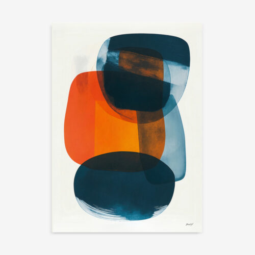 Abstract organic shapes in navy, orange and blue with translucent overlapping forms.