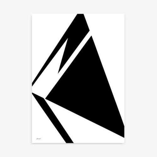 Bold black geometric triangular shapes creating dynamic movement on white background