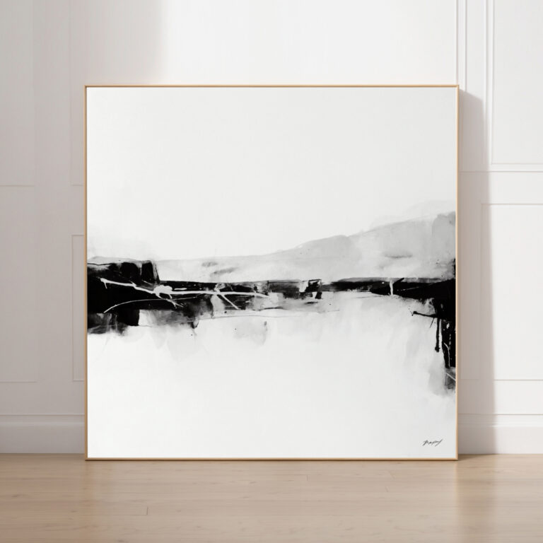 Abstract minimalist artwork with bold black horizontal stroke on white canvas in wooden frame.