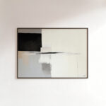 Elegant minimalist abstract artwork with geometric black and white shapes on gallery wall.