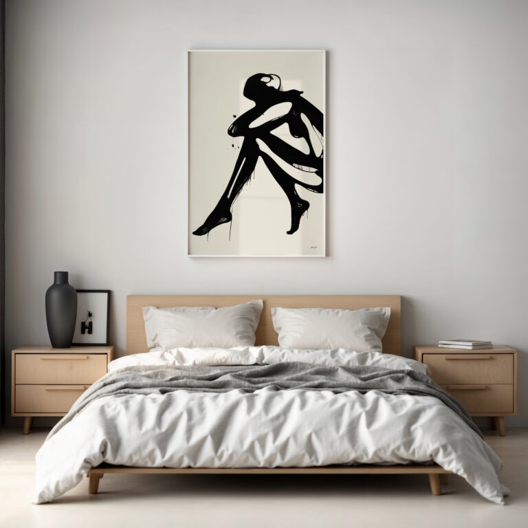 Modern bedroom with minimalist black figure art above white bed and wooden furniture.