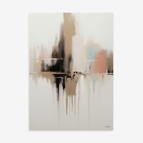 Abstract cityscape reflections with vertical brushstrokes in beige, coral, and black.