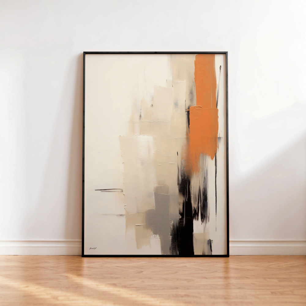 Abstract wall art with terracotta, black and cream tones in a slim frame.
