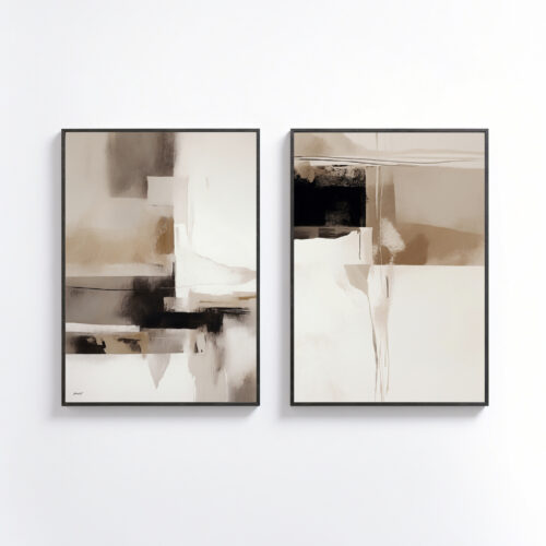 Abstract art pair in neutral tones with black frames on white wall