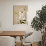 Elegant white lily botanical print in modern dining space with wooden table and plant.