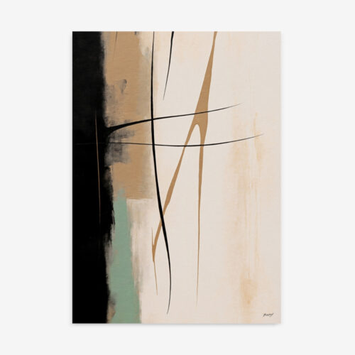 Minimalist abstract with dramatic black column against cream canvas and delicate diagonal lines.
