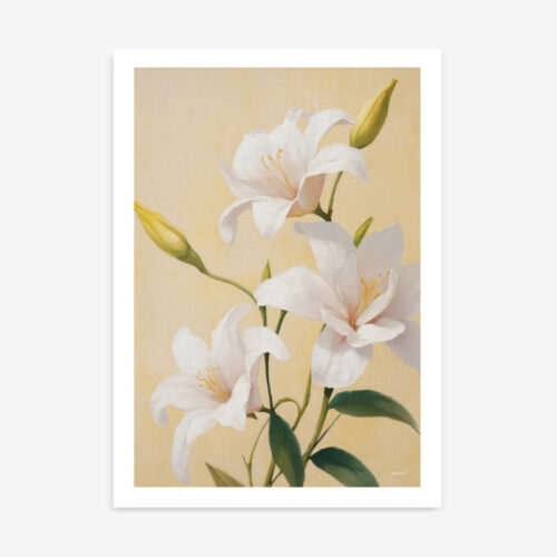 Elegant white lilies with buds against cream background, showcasing delicate trumpet blooms.