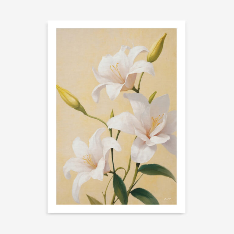 Elegant white lilies with buds against cream background, showcasing delicate trumpet blooms.