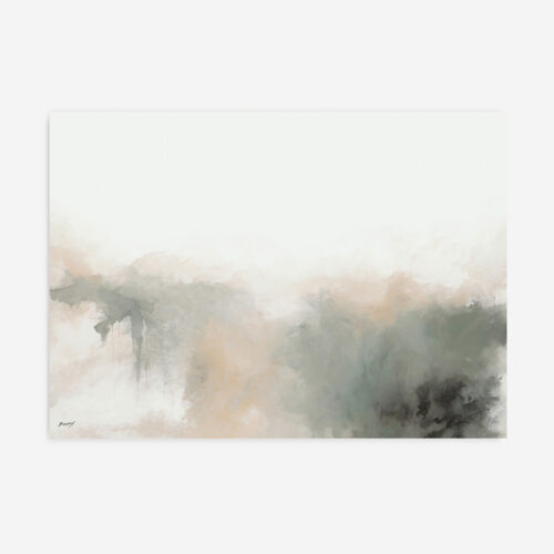 Abstract watercolor in soft grays and beiges creating a misty landscape effect