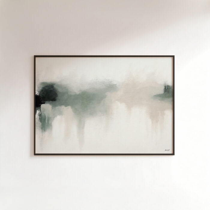 Abstract minimalist landscape painting in sage green and earth tones with misty horizons.