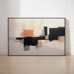 Abstract geometric painting with black, coral, cream and gray rectangular forms in minimalist style.
